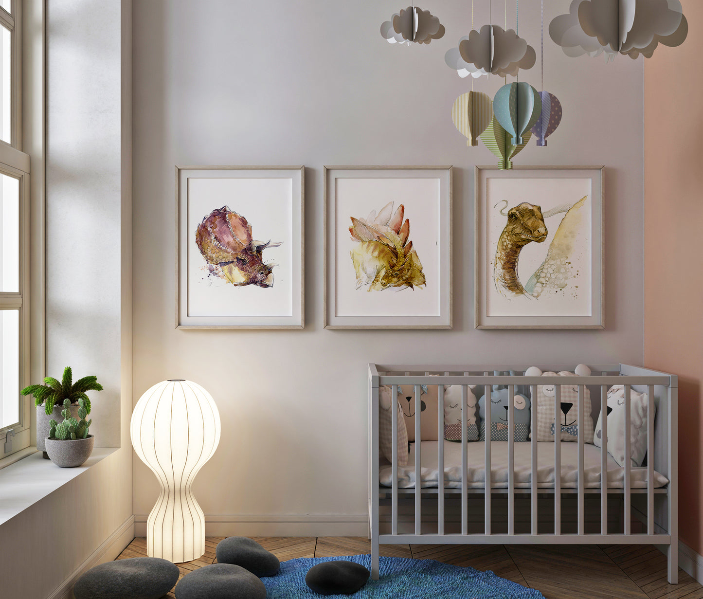 Dinosaur Watercolour Prints, Bedroom Nursery Wall Art