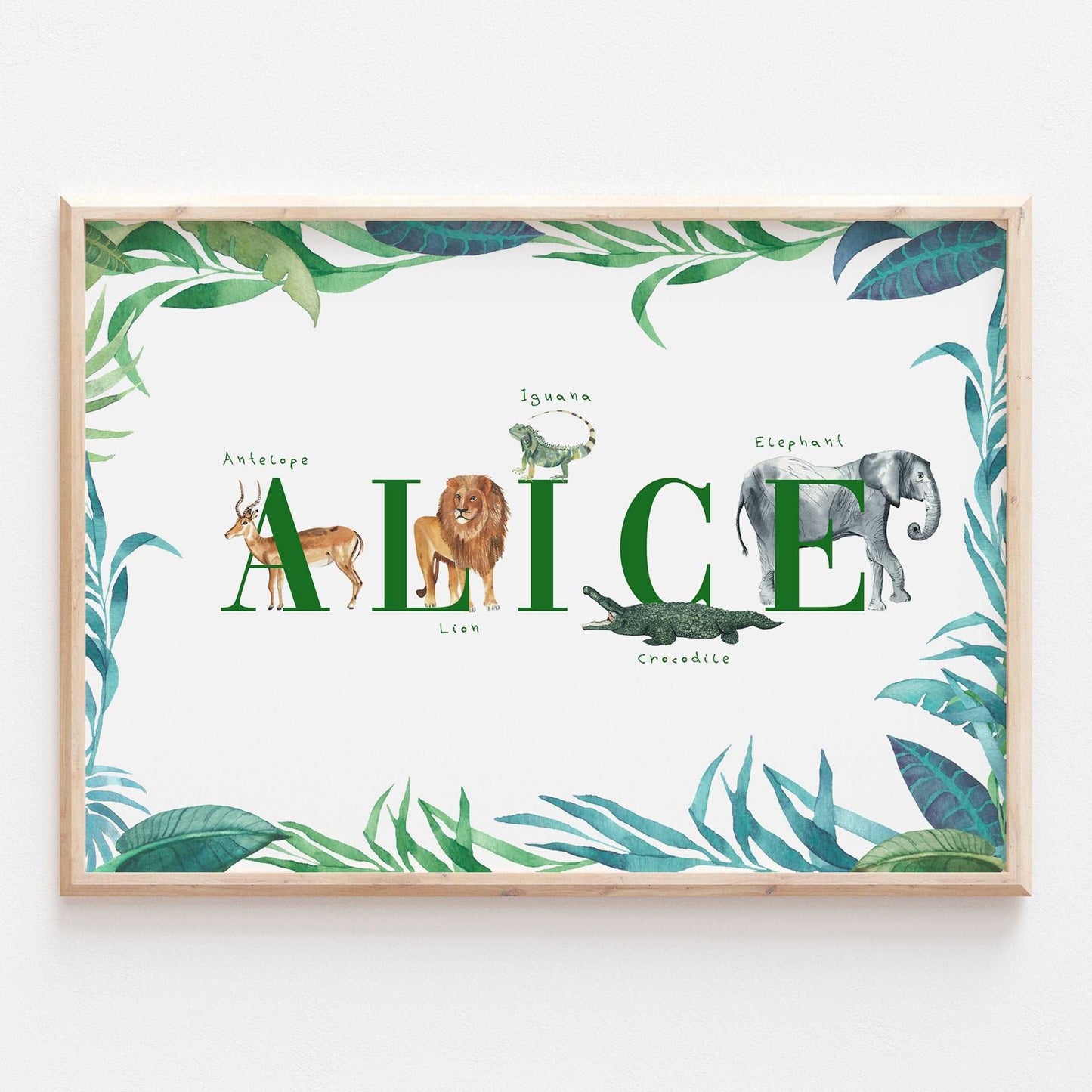 Personalised Animal Alphabet Name Print | Safari Jungle Children’s Nursery Wall Art Decor Educational Kids Newborn bedroom gift newborn Baby