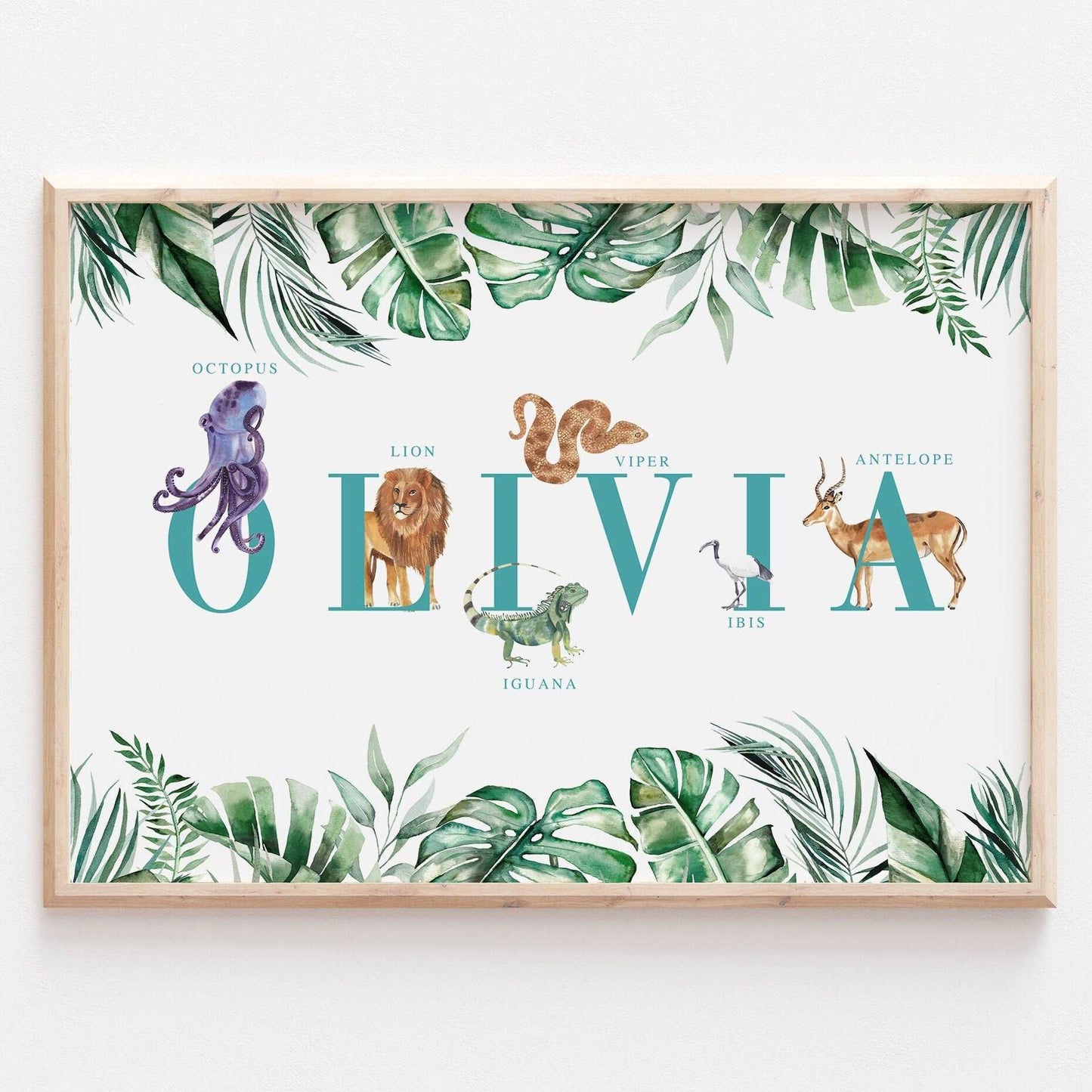 Personalised Animal Alphabet Name Print | Kids Safari Jungle Children’s Nursery Wall Art Decor Educational Kids Newborn bedroom poster Theme