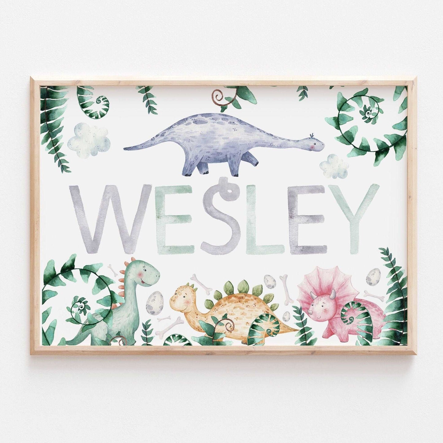 Personalised Baby Dinosaur Name Print Kids Jurassic Poster Nursery Wall Art Decor T Rex Brachiosaurus
