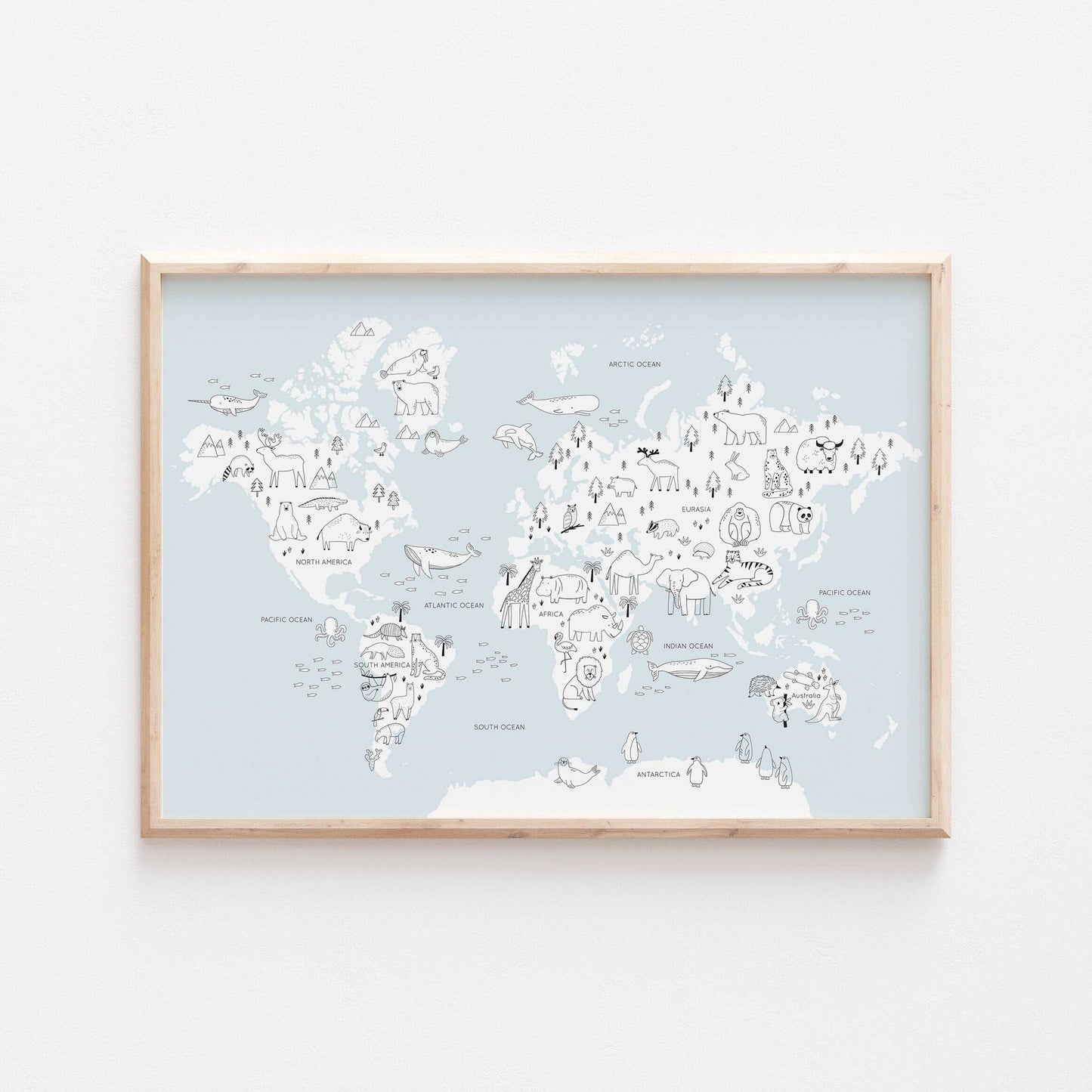Monochrome Black and White Scandinavian Animal World Map Print - Children's Nursery Wall Decor Educational
