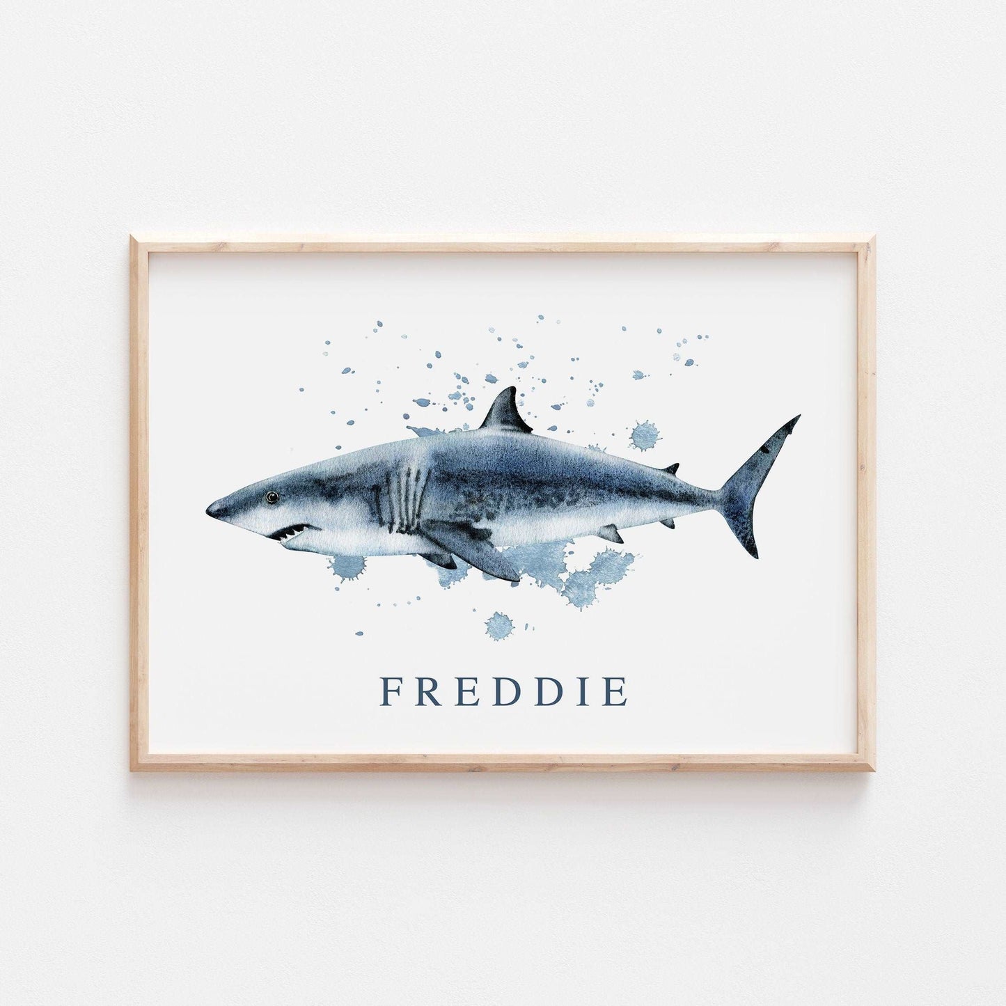 Personalised Great White Shark | Watercolour Ocean Shark Name Print Children's Kids Bedroom Nursery Decor Wall Art Marine Life Sea Creatures