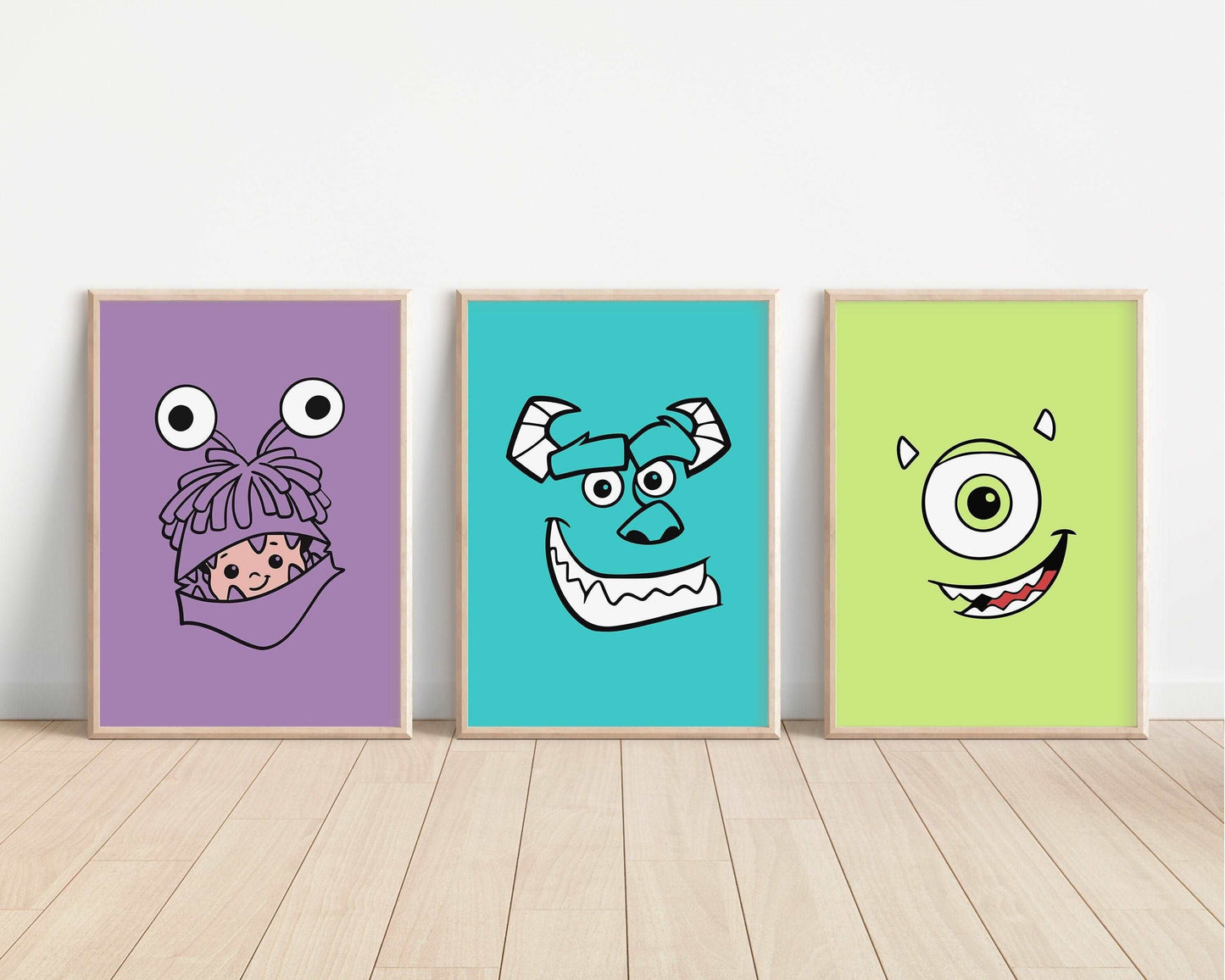 Monster Inc Face Prints | Watercolour Sulley Mike Wazowski Boo Row Randall Bedroom Kids Children Nursery Bedroom Art Wall Disney Pixar