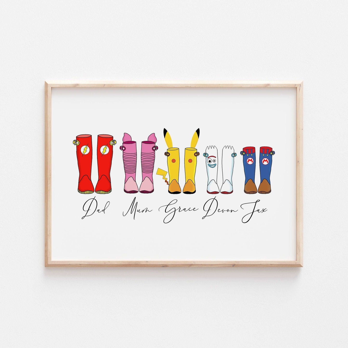 Disney Welly Boots Personalized Print | Toy Story Lilo Stitch Princesses Winnie Elsa Gift Family Poster Kids Bedroom Nursery Wall Art Pixar
