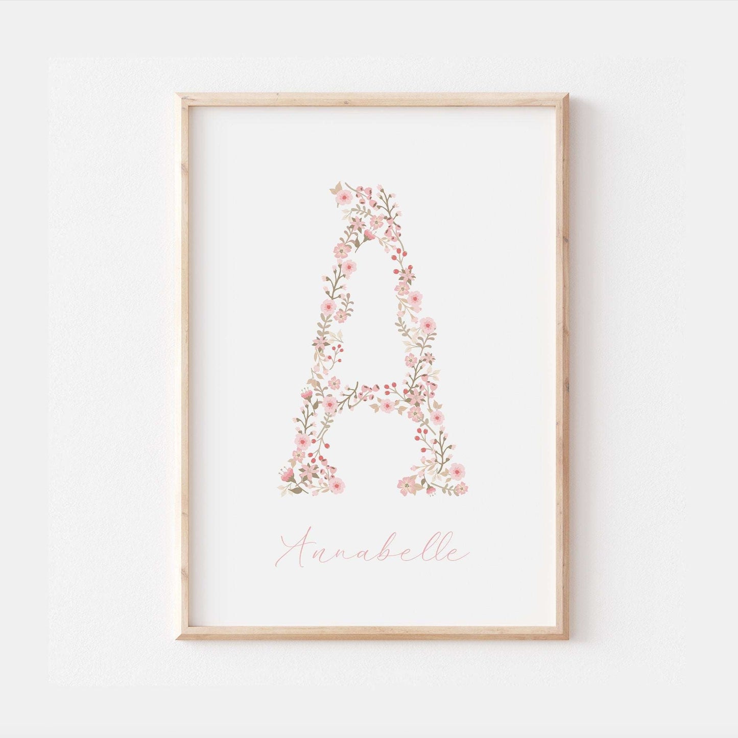 Floral Initial Personalised Print | Baby Girl Gift | Pink Flowers Family Poster Kids Children Bedroom Newborn Nursery Wall Art Present
