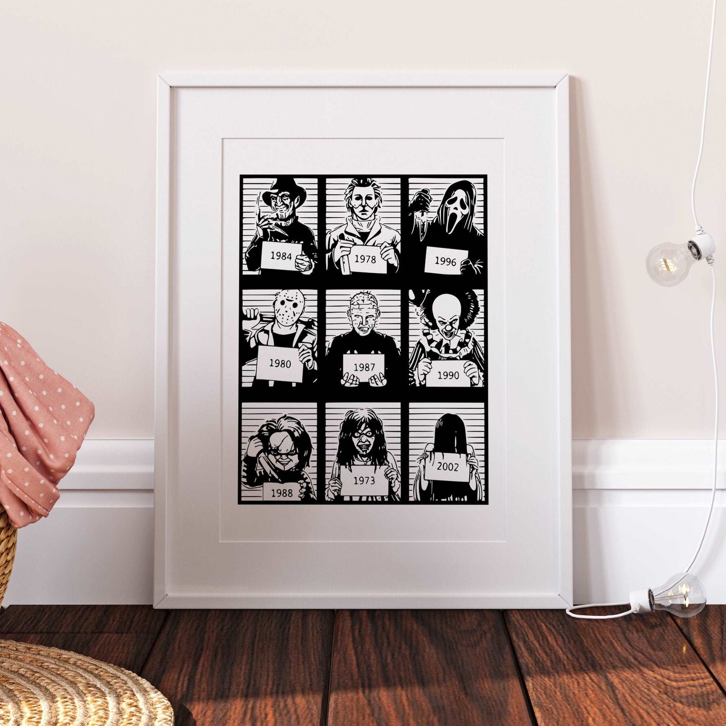 Horror Mugshot Print | Scream Chucky IT Pennywise Horror Movie Art | Movie Halloween Quotes Crime Icon Decor Wall Art Fan Gift Bedroom Home