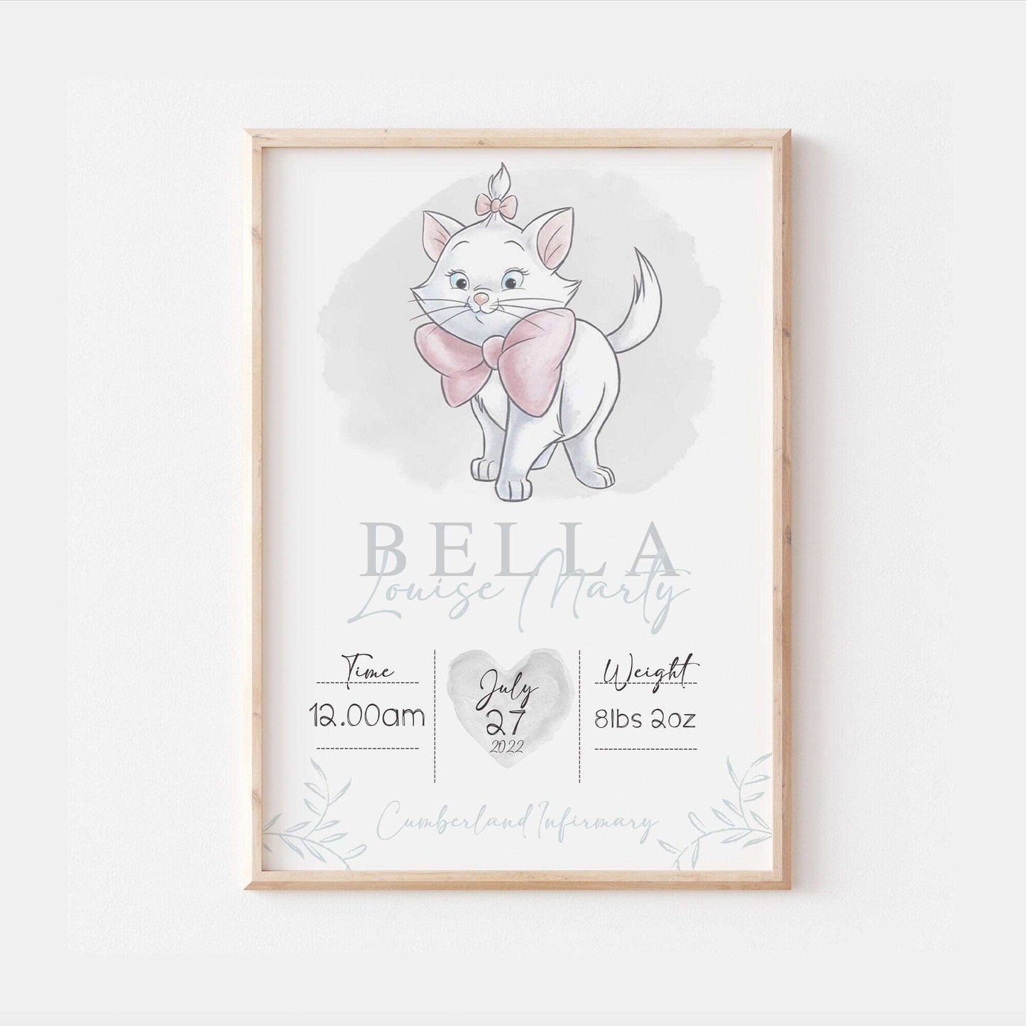 Personalised The Day You Were Born | Marie Aristocats Disney Newborn Print Watercolour Bedroom Nursery Decor Baby Gift Poster Baby Shower