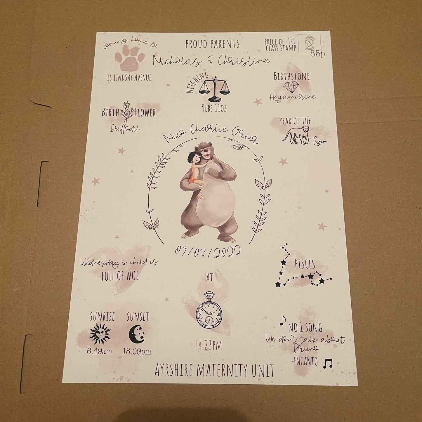 Personalised The Day You Were Born Newborn Print The Jungle Book Disney Watercolour Bedroom Nursery Baby Gift Poster Shower Mothers Day