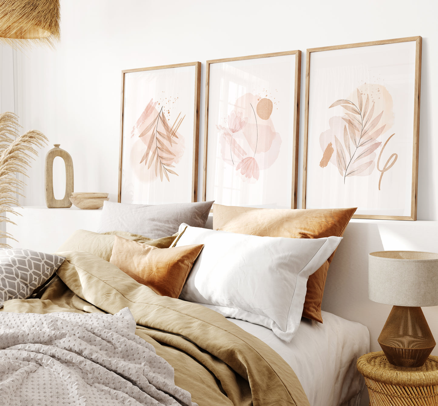 SET OF 3 Soft Pink Boho Floral Home Prints
