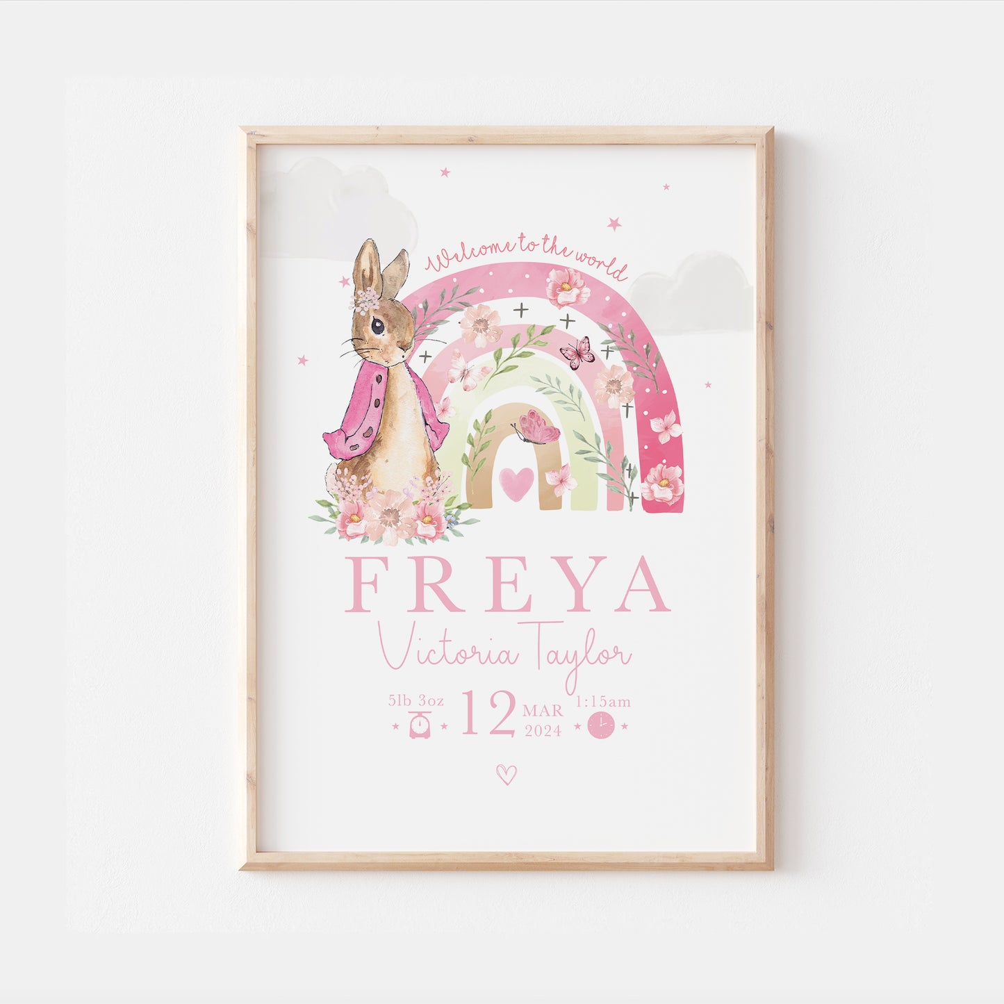 Peter Rabbit Pink Rainbow Personalised Newborn Nursery Print