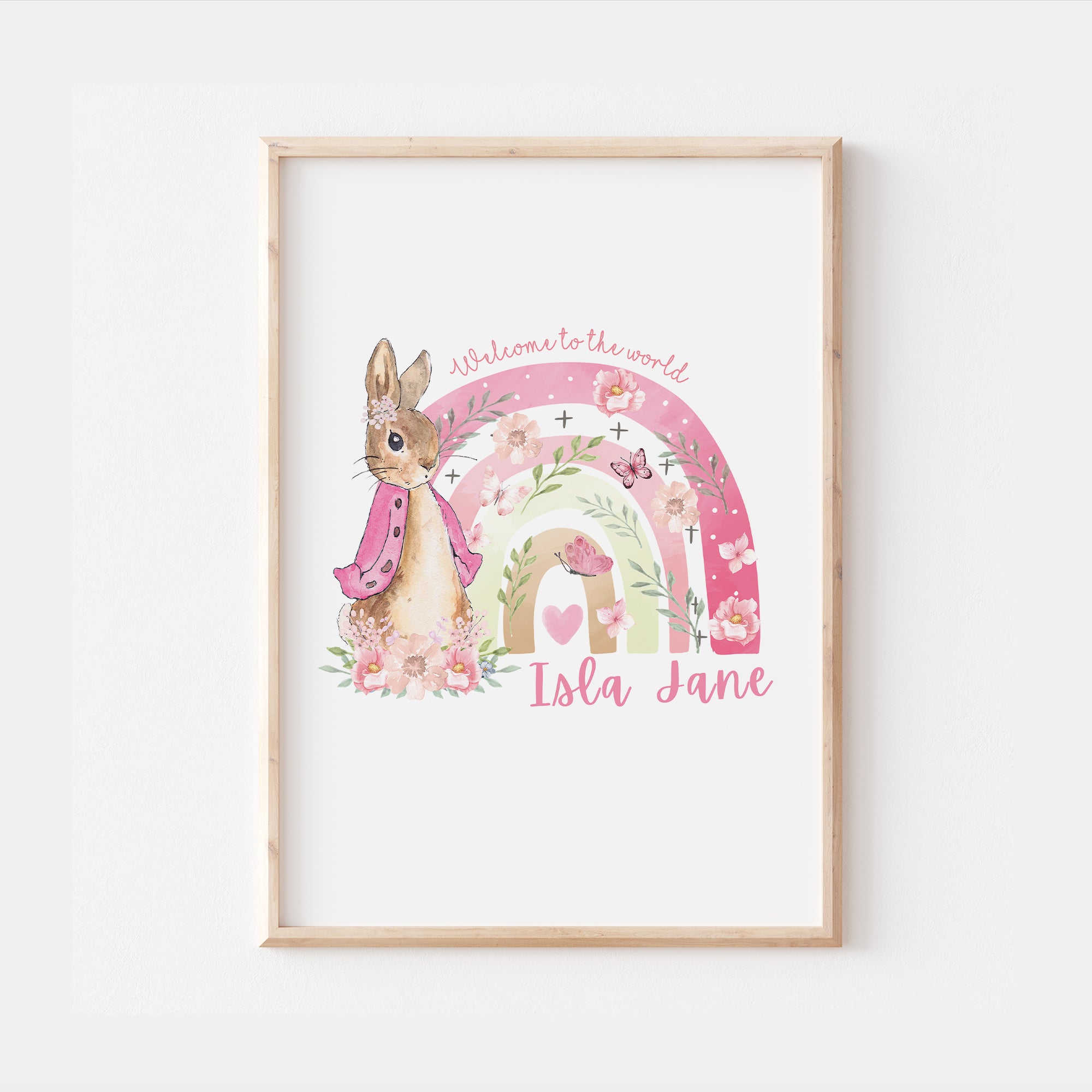 Peter Rabbit Pink Rainbow Personalised Newborn Nursery Print