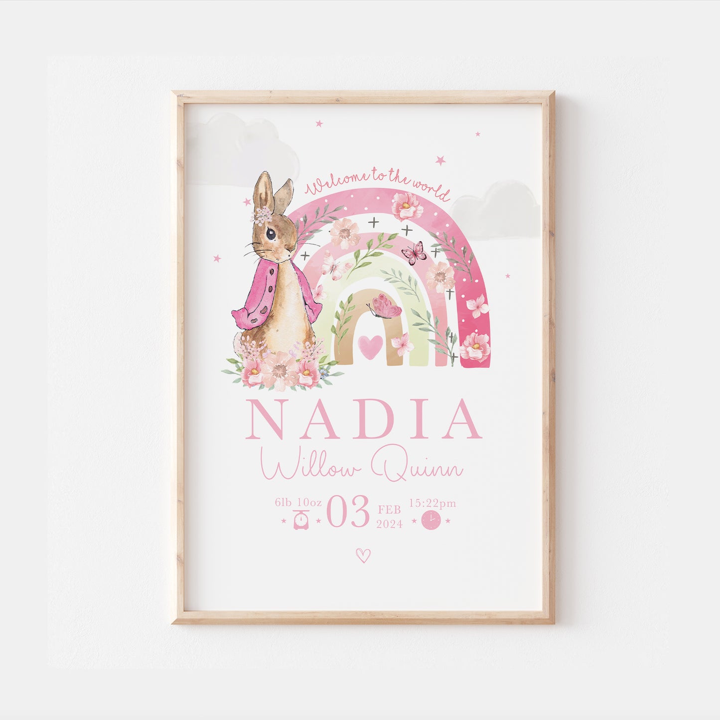 Peter Rabbit Pink Rainbow Personalised Newborn Nursery Print