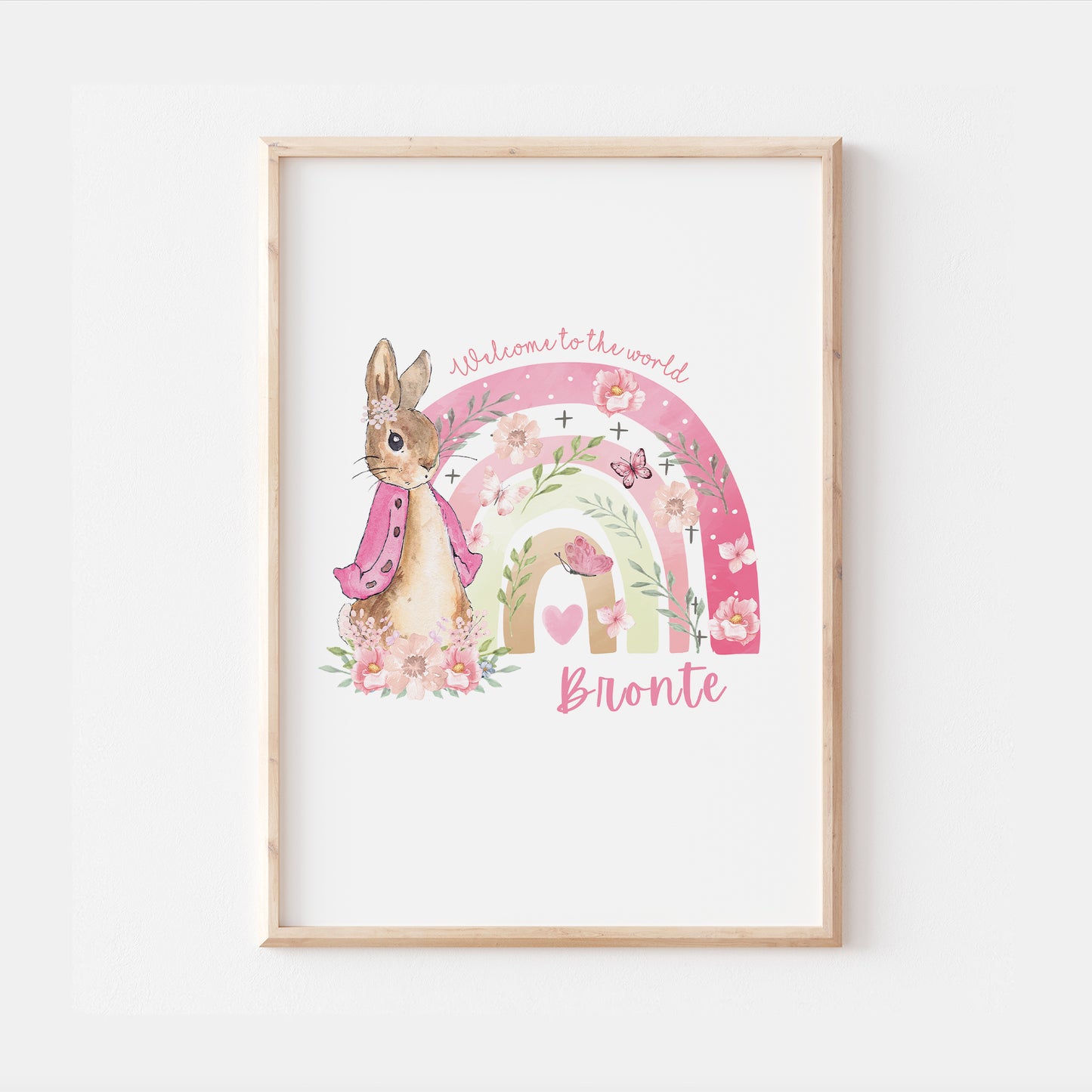 Peter Rabbit Pink Rainbow Personalised Newborn Nursery Print