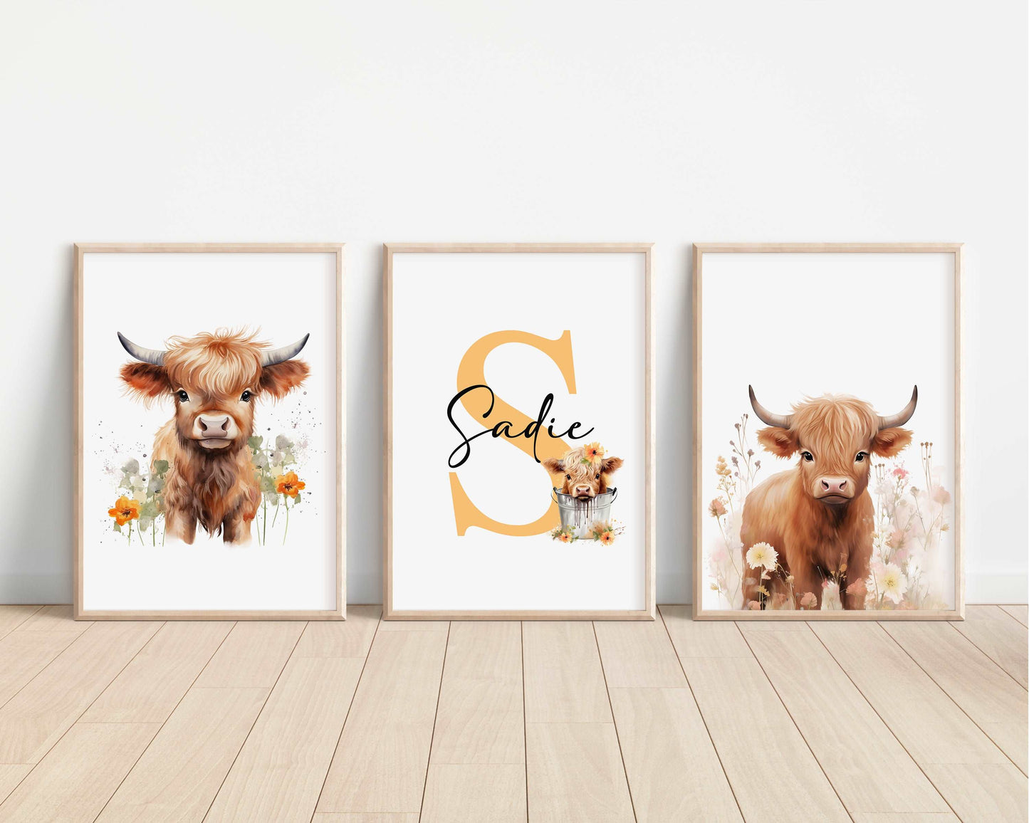 SET OF 3 Highland Cows Personalised Bedroom Prints