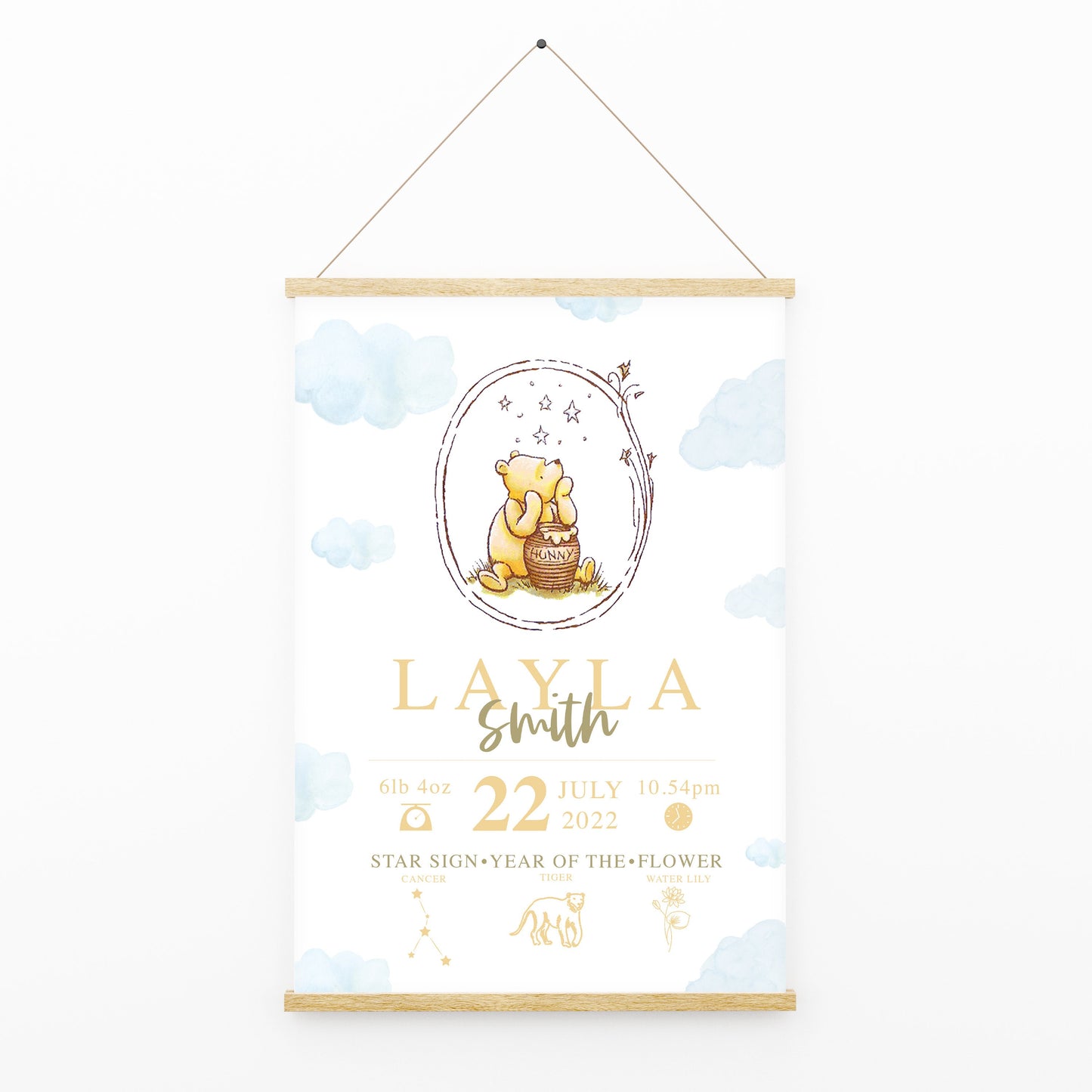 Winnie the Pooh | Personalised The Day You Were Born Newborn Print Disney Watercolour Bedroom Nursery Decor Baby Gift Mothers Day Pixar