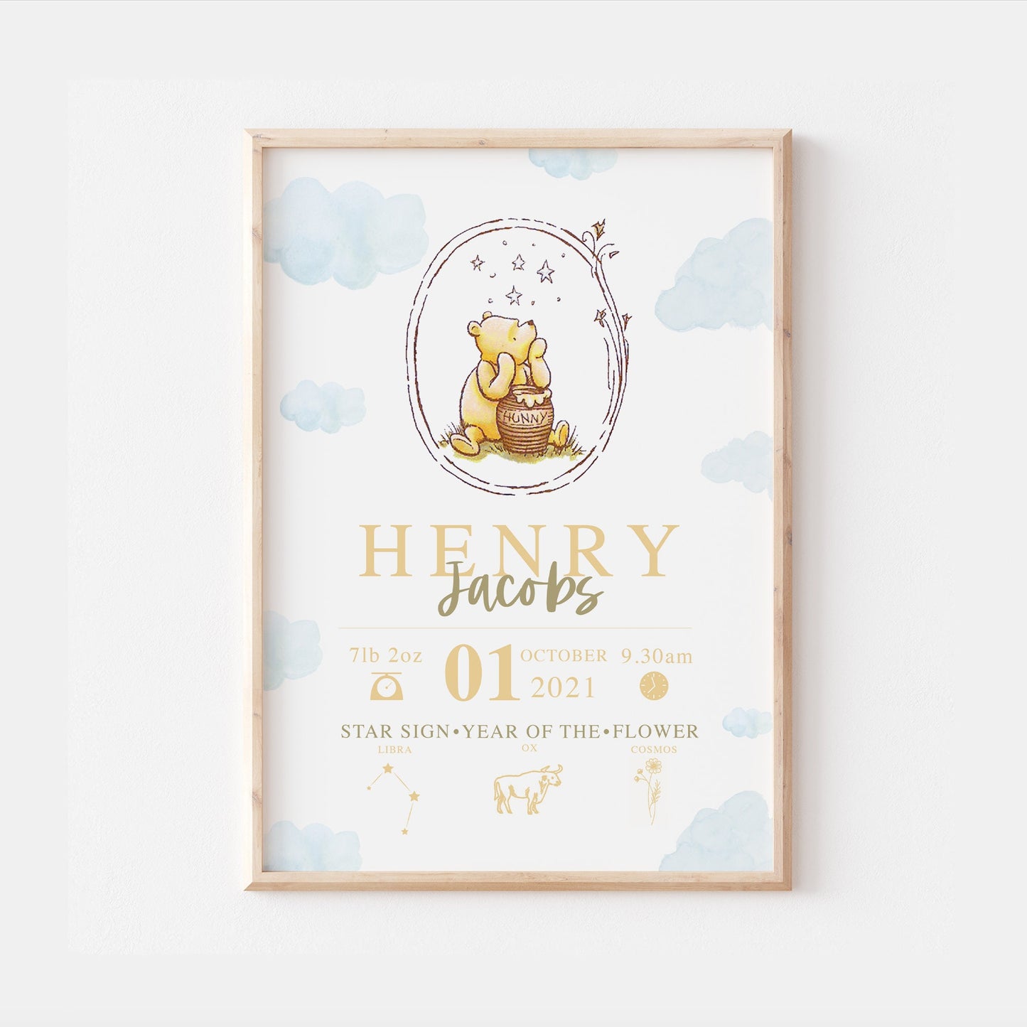 Winnie the Pooh | Personalised The Day You Were Born Newborn Print Disney Watercolour Bedroom Nursery Decor Baby Gift Mothers Day Pixar