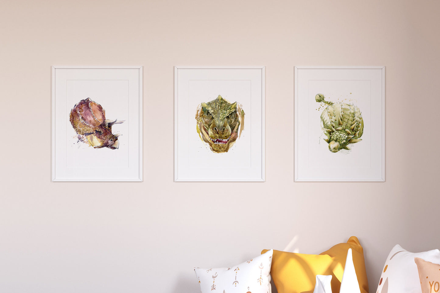 Dinosaur Prints | Watercolour Triceratops Tyrannosaurus Rex Parasaurolophus Stegosaurus Jurassic Park Decor Prehistoric Kids Nursery Art