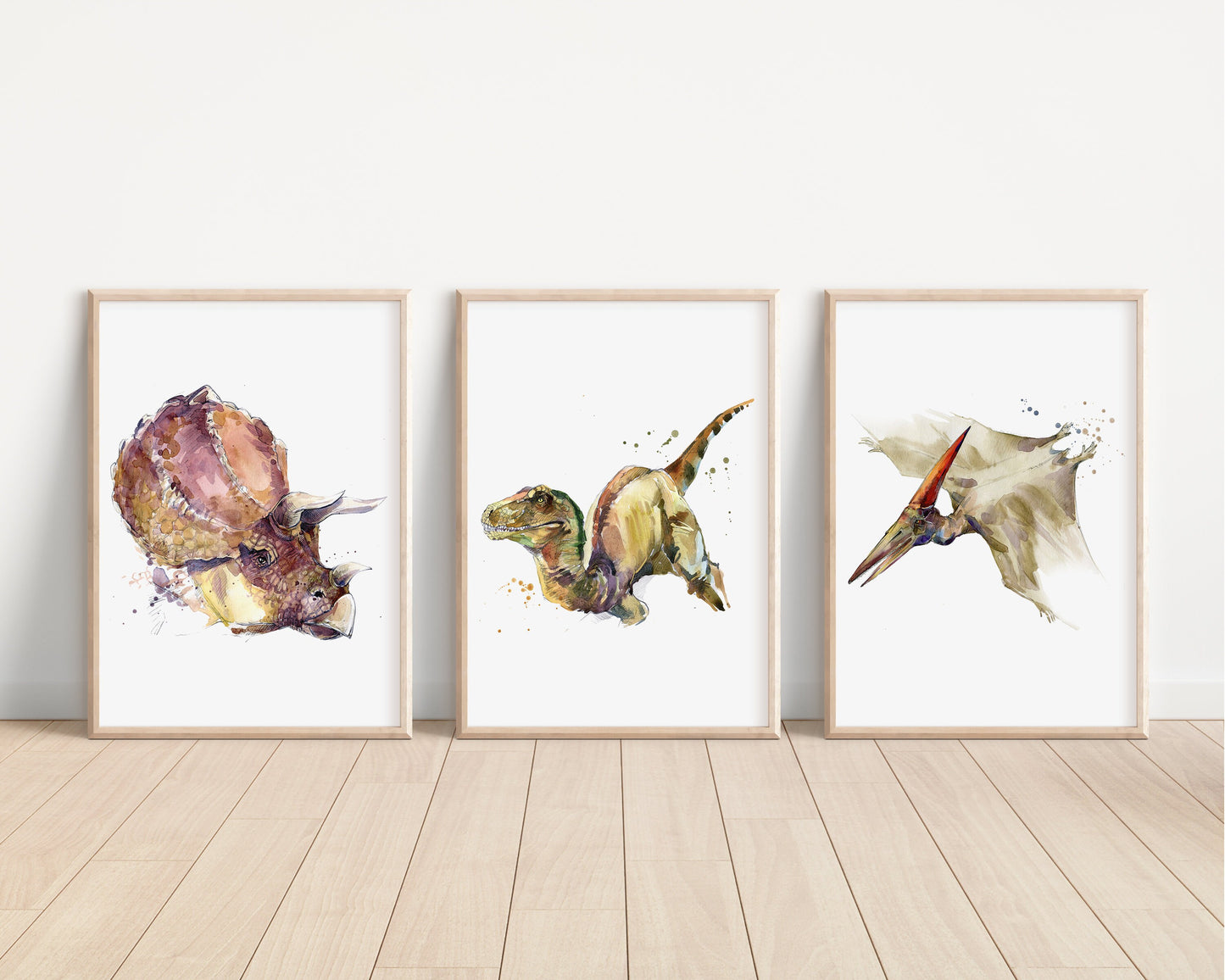 Dinosaur Prints | Watercolour Triceratops Tyrannosaurus Rex Parasaurolophus Stegosaurus Jurassic Park Decor Prehistoric Kids Nursery Art