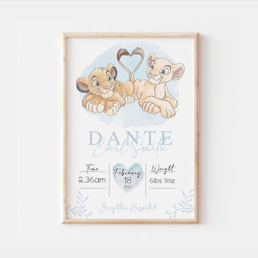 Personalised The Day You Were Born | Simba Nala Disney Newborn Print Watercolour Bedroom Nursery Decor Baby Gift Baby Shower Lion King