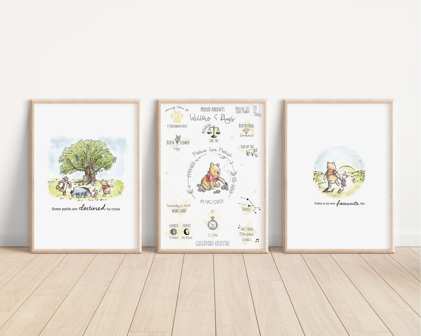SET OF 3 Personalised Winnie the Pooh Prints | The Day You Were Born Chart Newborn Print Disney Pixar Gift Bedroom Nursery Decor Baby Gift