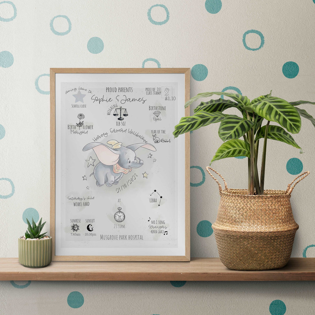 Dumbo Personalised The Day You Were Born Birth Print