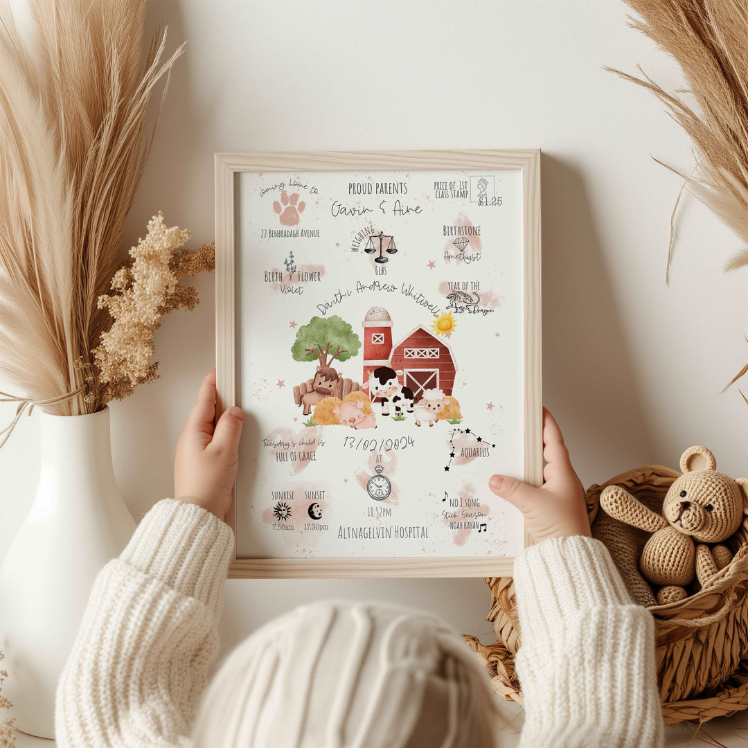 Farm Animals Personalised The Day You Were Born Birth Print