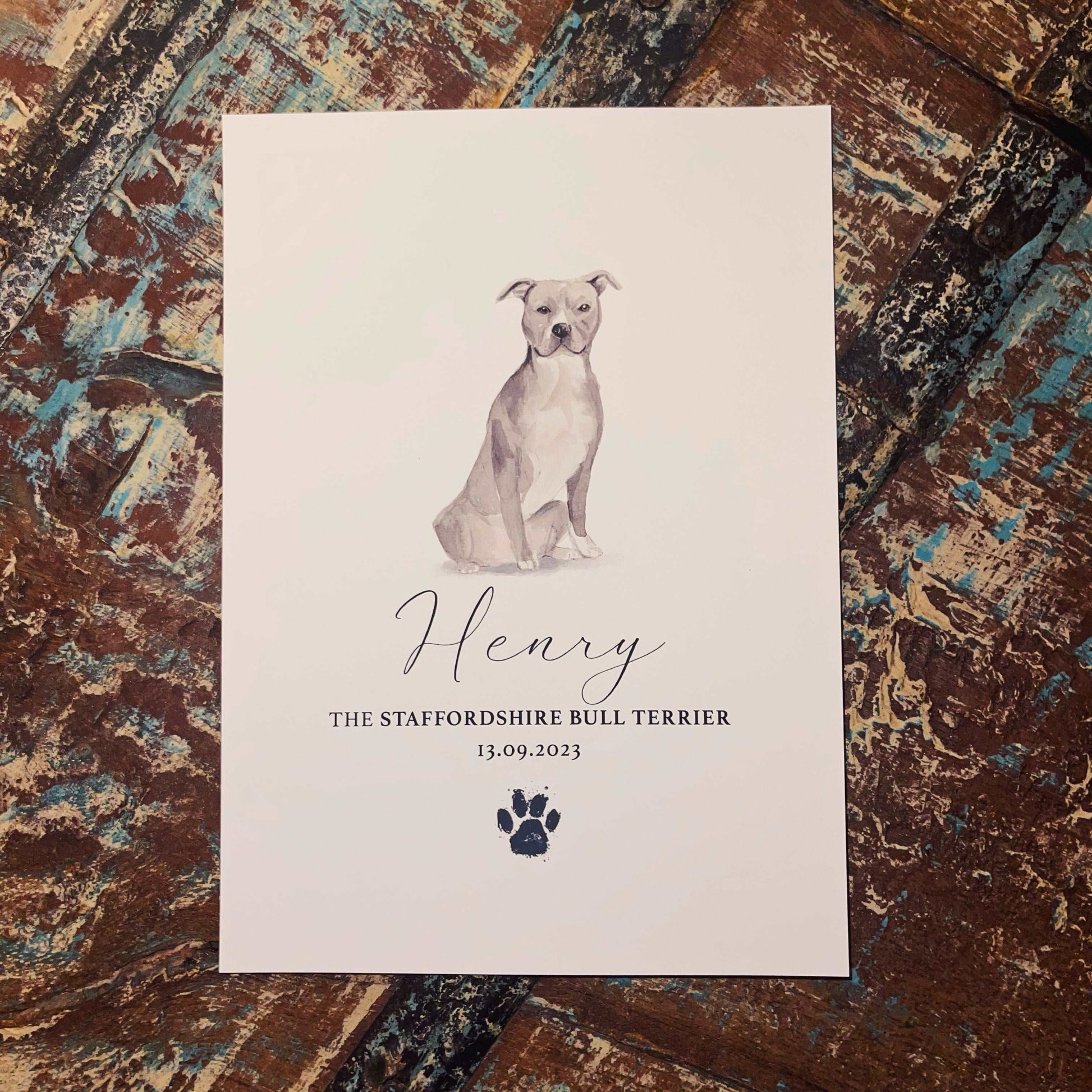 Personalised Blue Staffordshire Bull Terrier Dog Watercolour Print