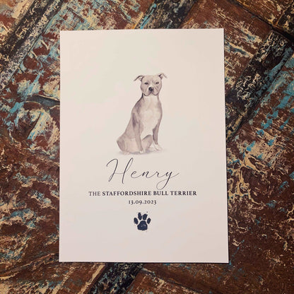 Personalised Blue Staffordshire Bull Terrier Dog Watercolour Print