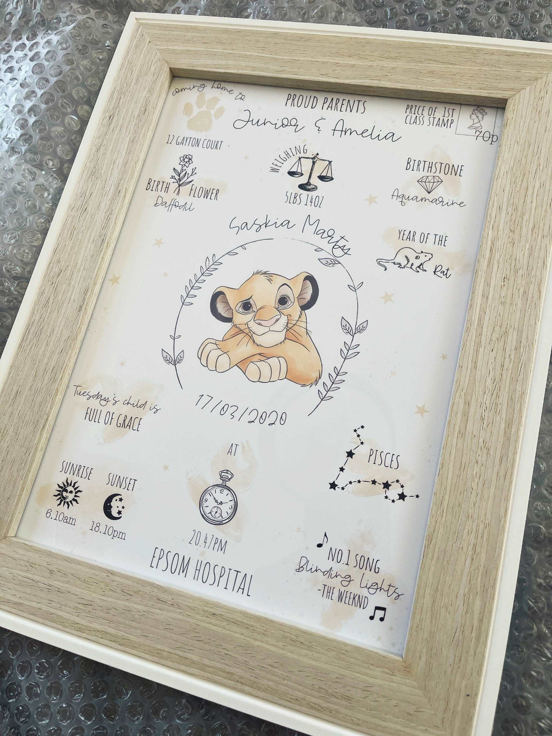 Simba Personalised The Day You Were Born Birth Print