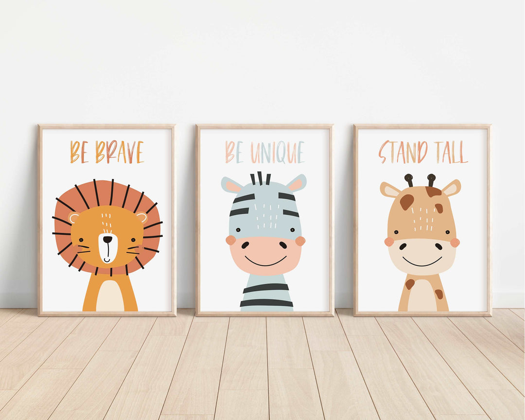 SET OF 3 Safari Animal Quote Prints - Stand Tall, Be Brave, Be Unique