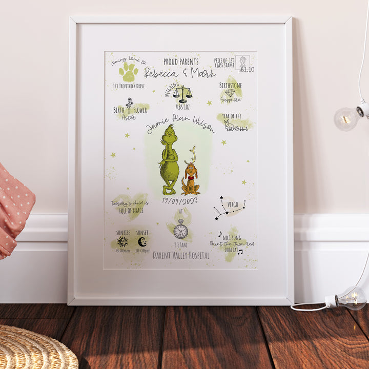 The Grinch & Max Personalised The Day You Were Born Christmas Print