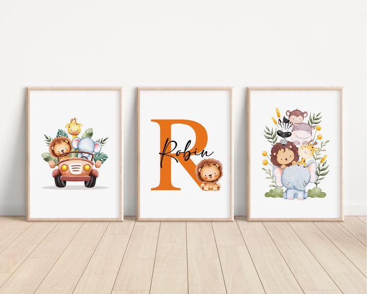 SET OF 3 Safari Animals Personalised Prints