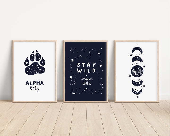 SET OF 3 Stay Wild Alpha Crescent Moon Baby Bedroom Prints