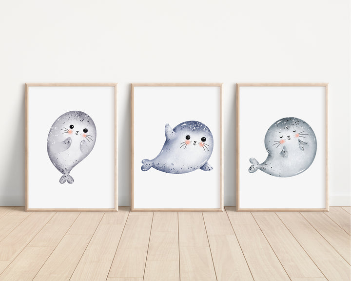 SET OF 3 Adorable Ocean Seals Bedroom Prints