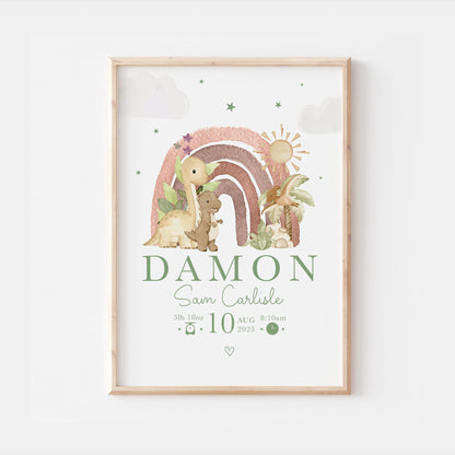 Dinosaurs Rainbow Personalised The Day You Were Born Nursery Print