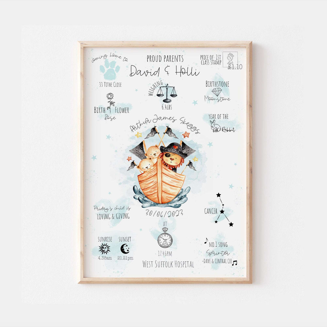 Pirate Animals Personalised The Day You Were Born Nursery Print