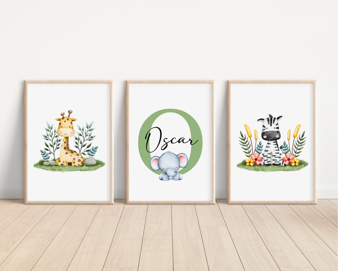 SET OF 3 Safari Animals Personalised Prints