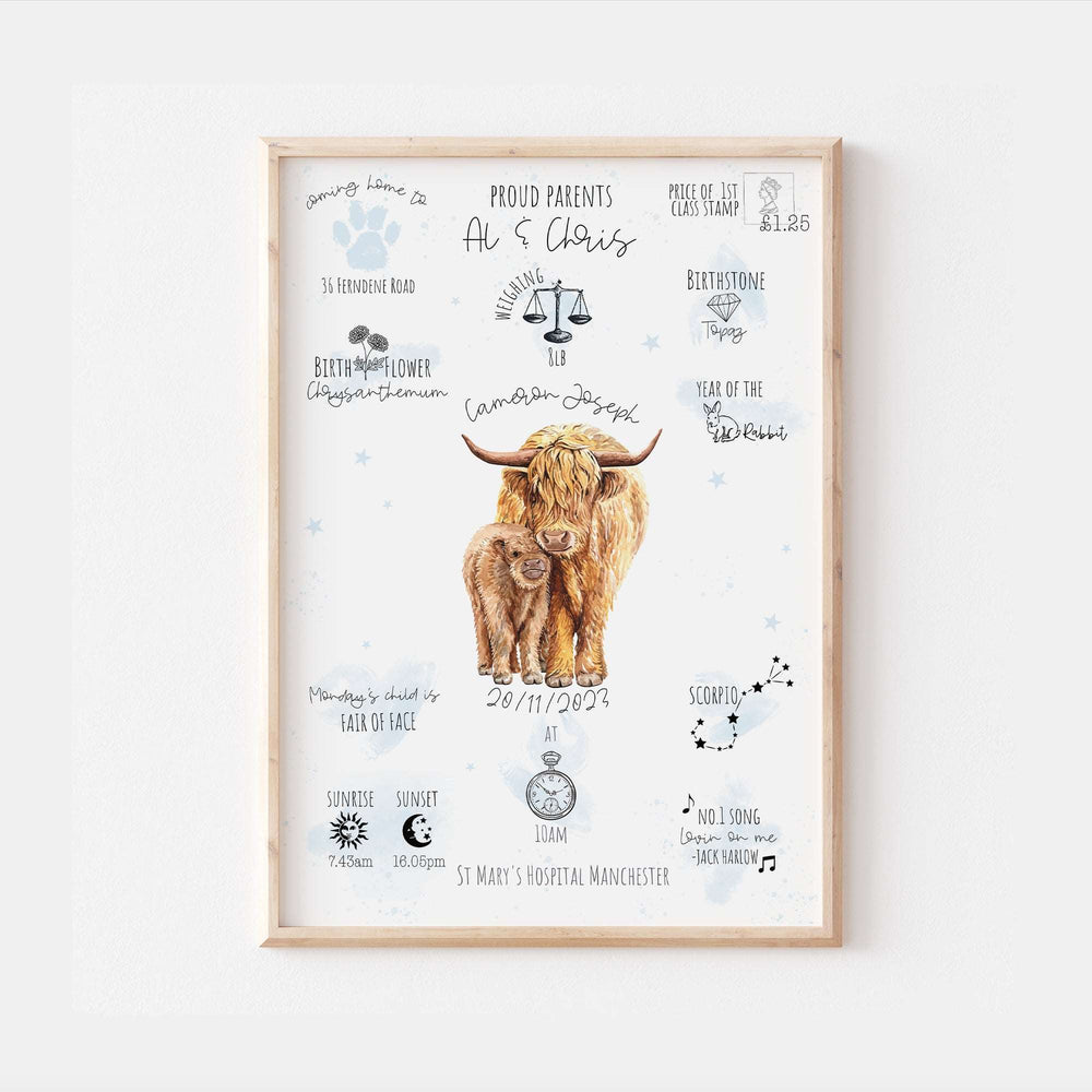 Personalised The Day You Were Born Highland Cows Birth Print