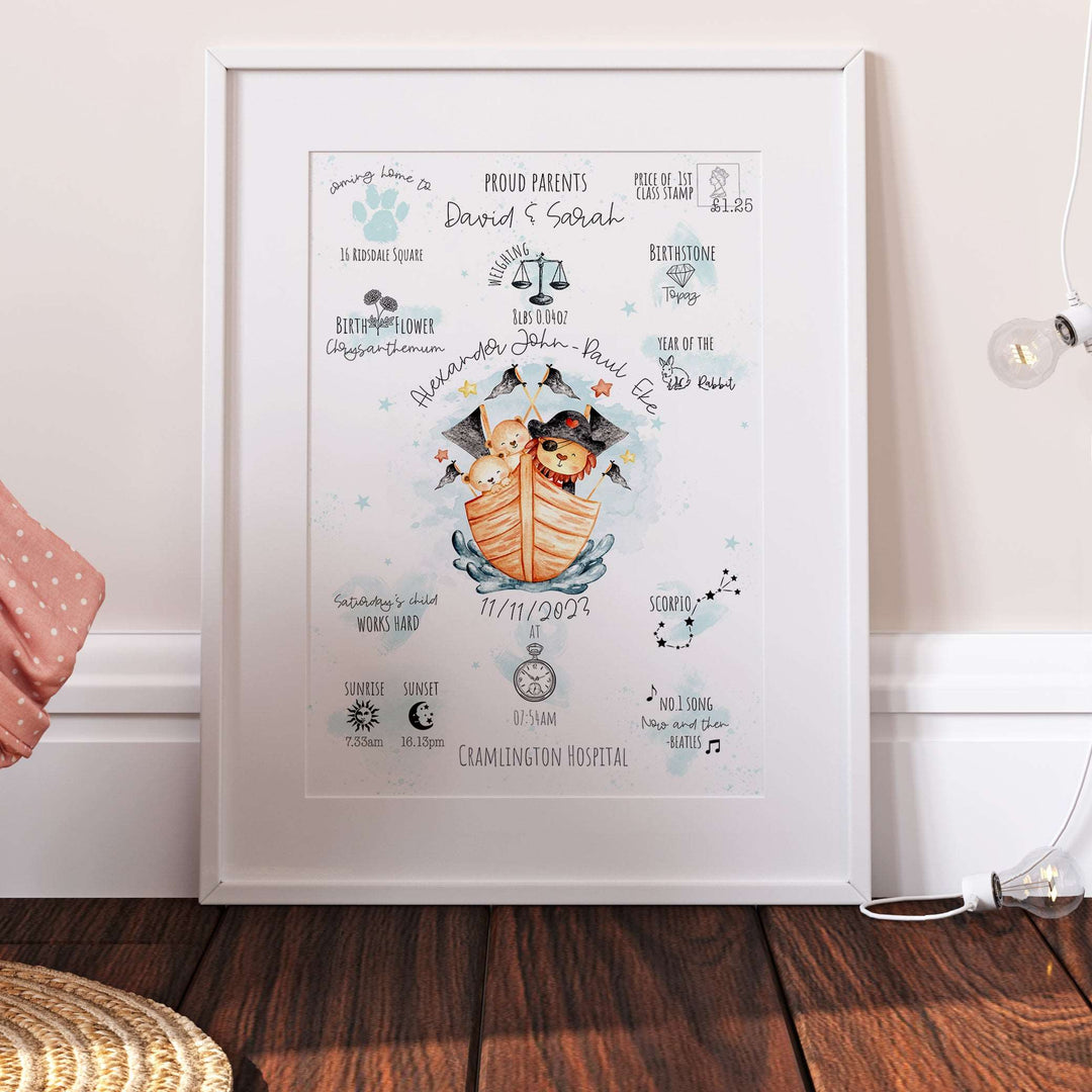 Pirate Animals Personalised The Day You Were Born Nursery Print