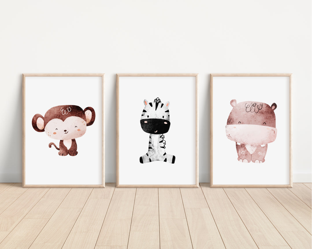 SET OF 3 Cute African Animals Safari Bedroom Prints