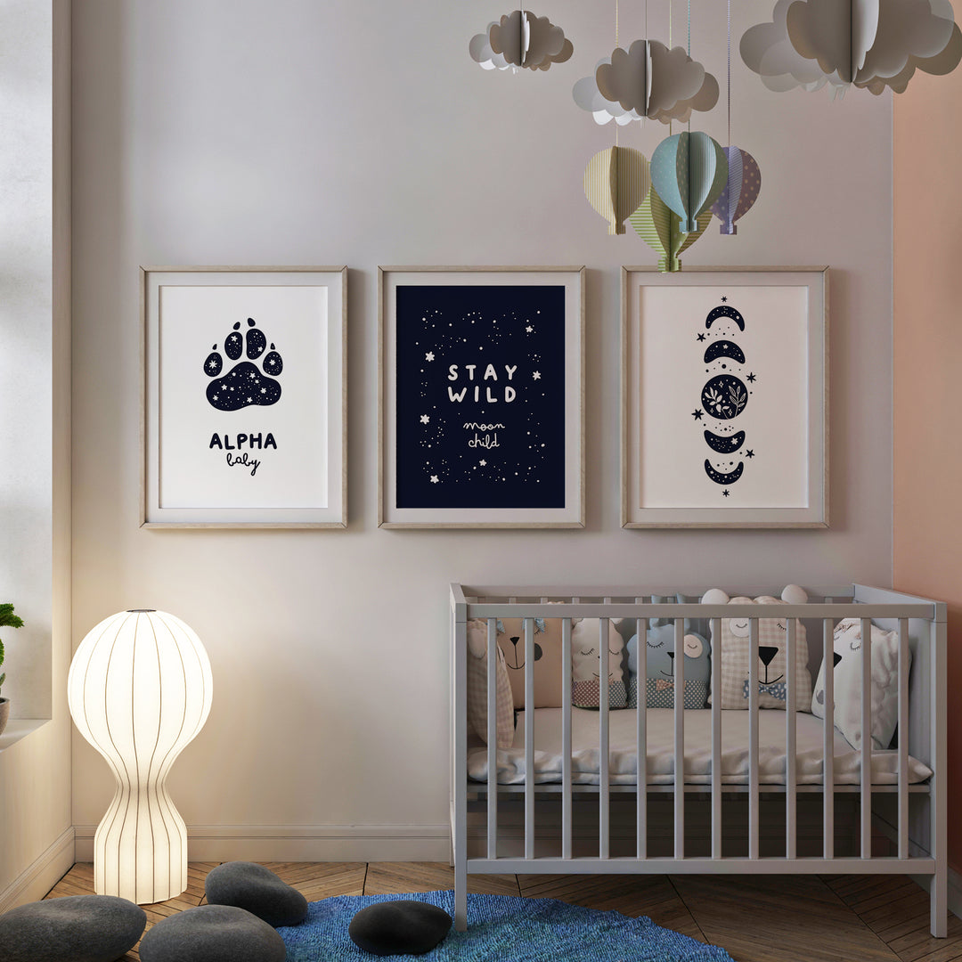 SET OF 3 Stay Wild Alpha Crescent Moon Baby Bedroom Prints