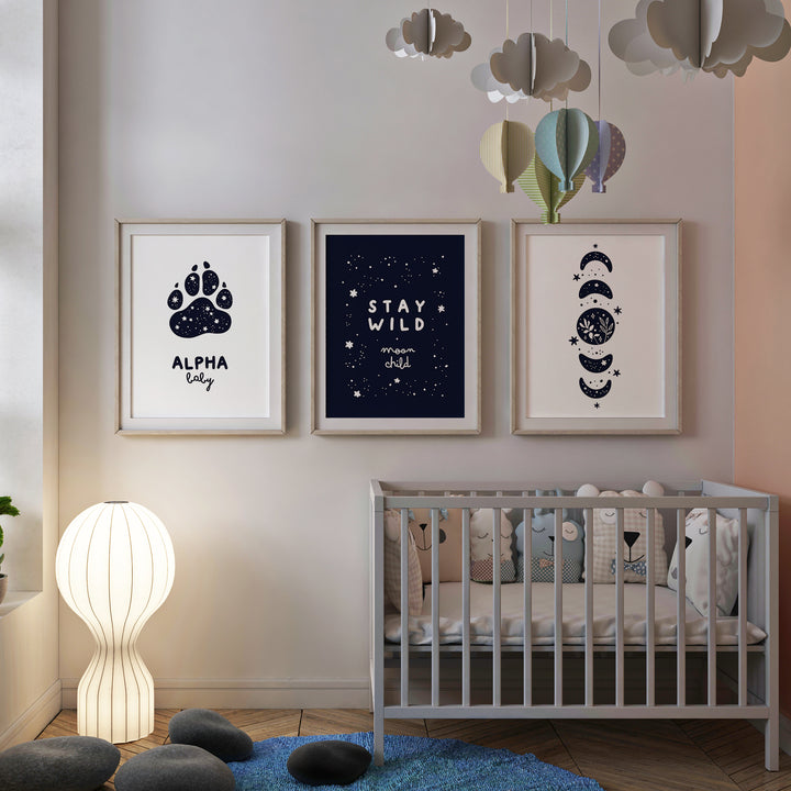 SET OF 3 Stay Wild Alpha Crescent Moon Baby Bedroom Prints