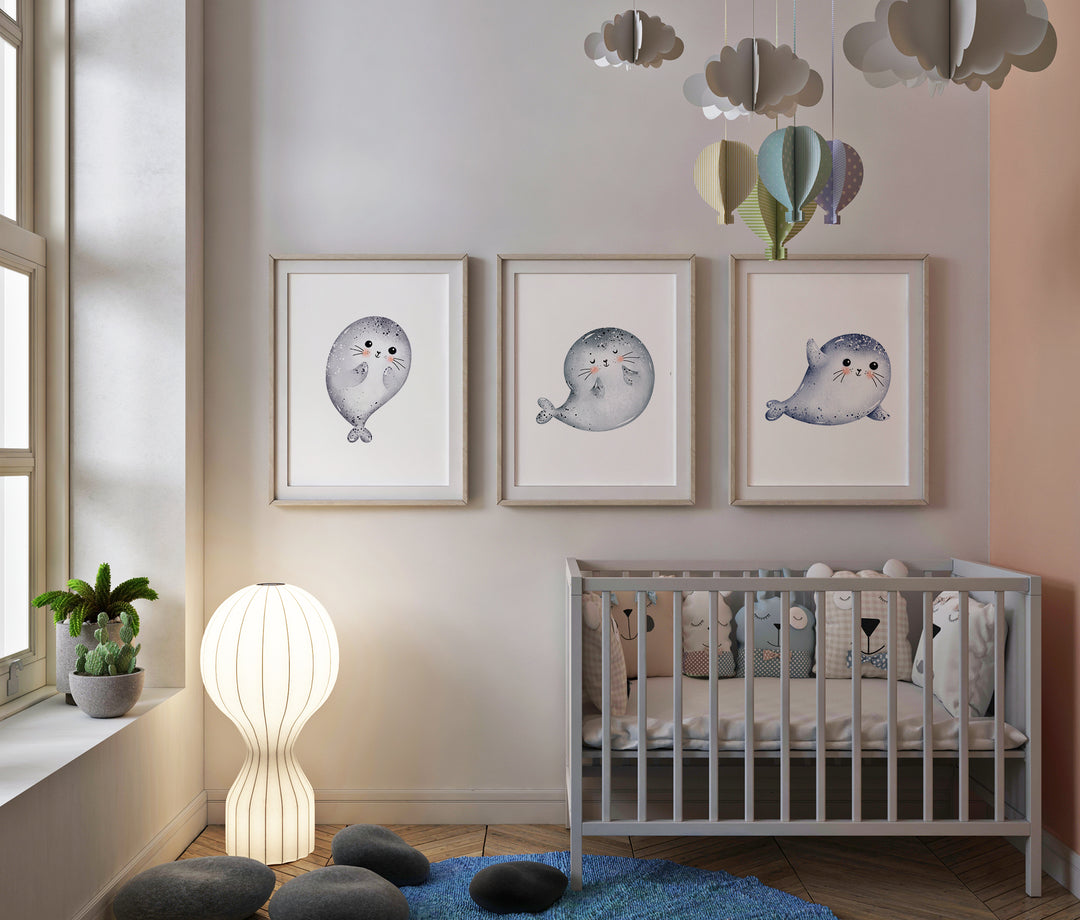 SET OF 3 Adorable Ocean Seals Bedroom Prints