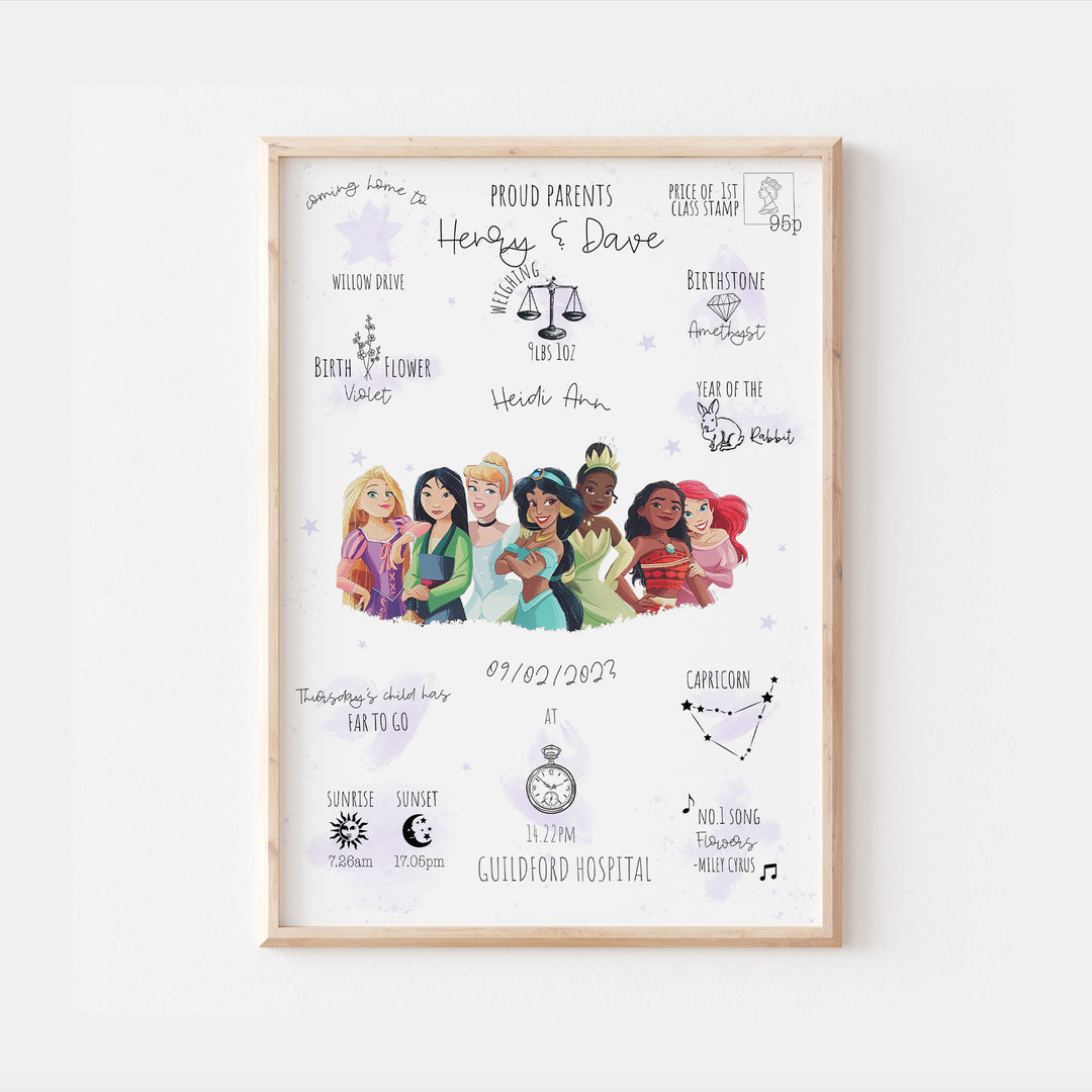 Princesses Personalised The Day You Were Born Print