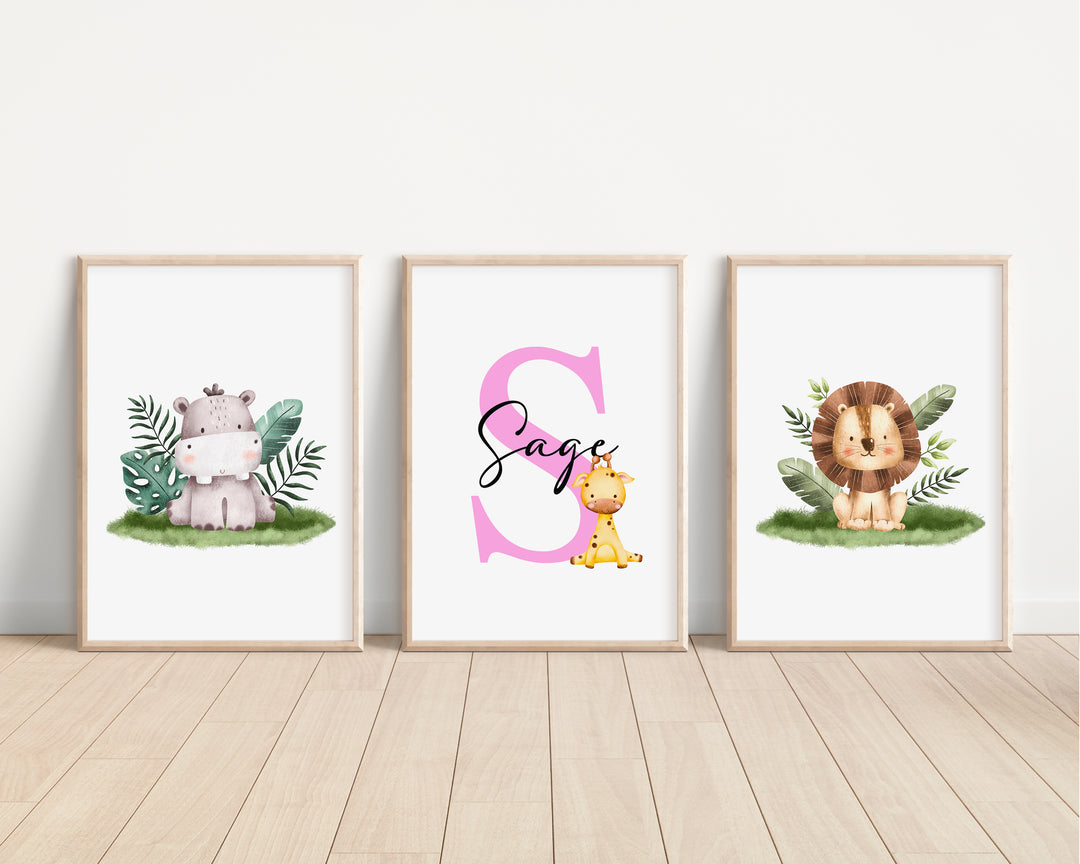 SET OF 3 Safari Animals Personalised Prints