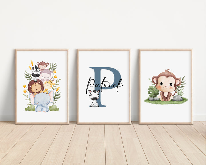 SET OF 3 Safari Animals Personalised Prints