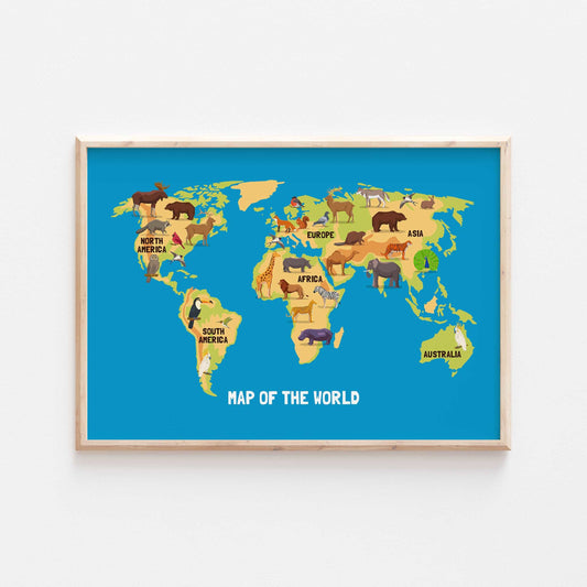 Animal World Map Kids Bedroom Print