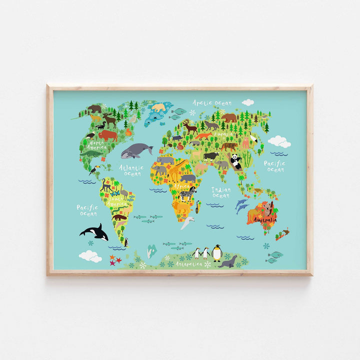 Animal World Map Bedroom Kids Print