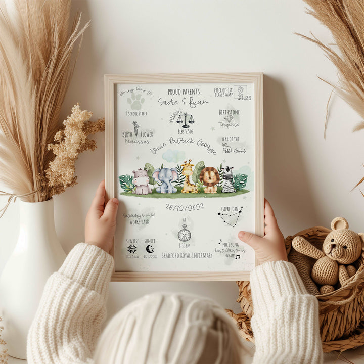 Safari Animals Personalised The Day You Were Born Nursery Birth Print