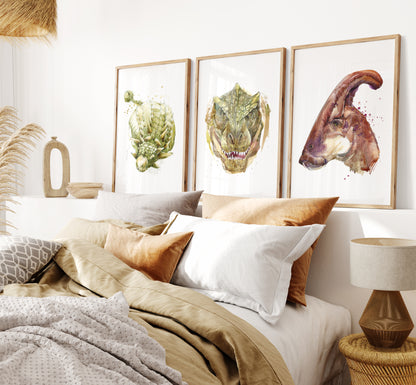 Dinosaur Watercolour Prints, Bedroom Nursery Wall Art